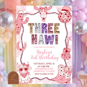 Invitation Fête d'anniversaire 3 ans Cowgirl Paillettes Rétro
