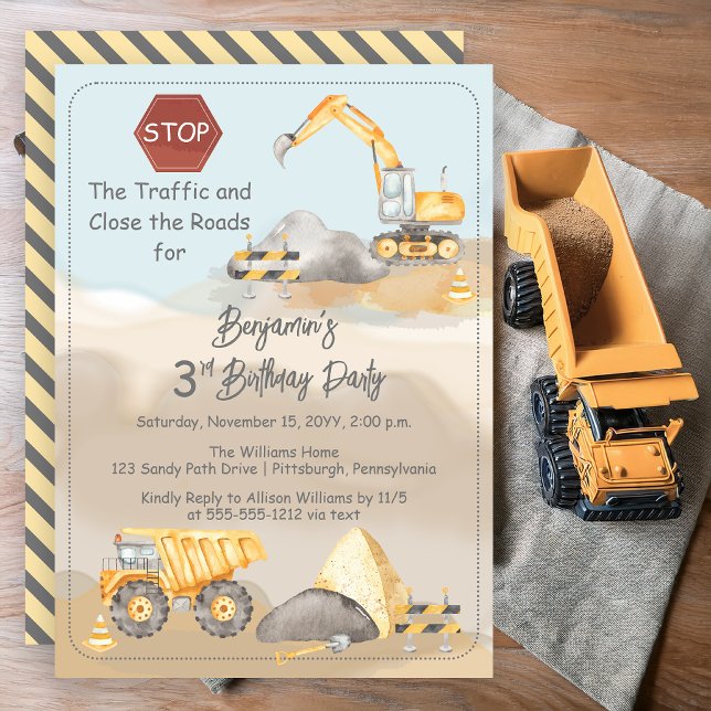 Invitation Fête d'anniversaire 3 ans du garçon du camion de c (Construction Dump Truck Boy's 3rd Birthday Party Invitation)