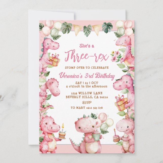 Invitation Fête d'anniversaire 3 ans fille Tea-Rex dinosaure  (Devant)