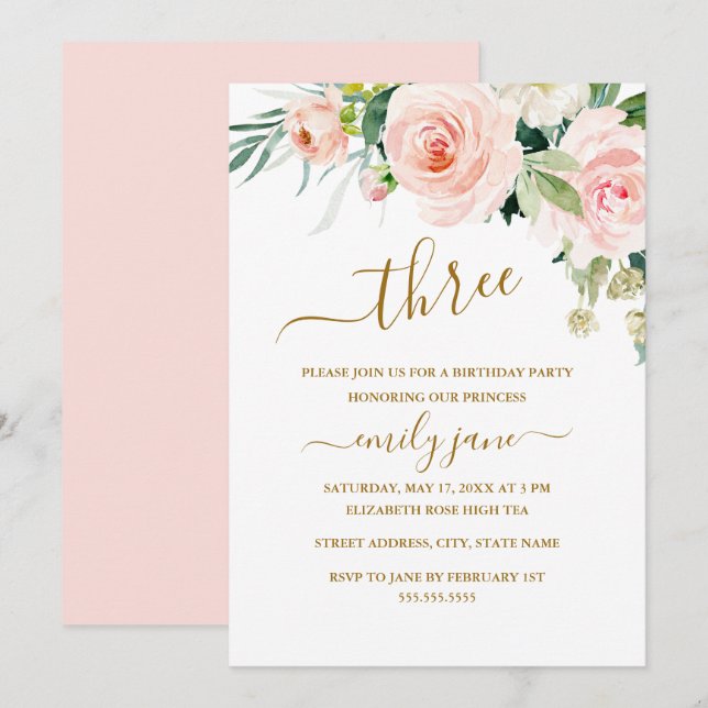 Invitation Fête d'anniversaire 3 ans Fleur Rose Or (Devant / Derrière)