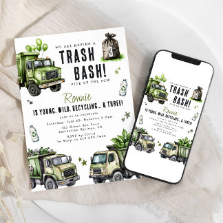 Invitation Fête d'anniversaire 3 ans Fun Garbage Recycle