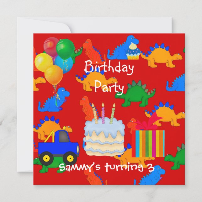 Invitation Fête d'anniversaire 3 ans garçon dinosaure rouge (Devant)