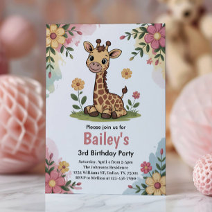 Invitation Fête d'anniversaire 3 ans Girafe Floral Enfants Ju