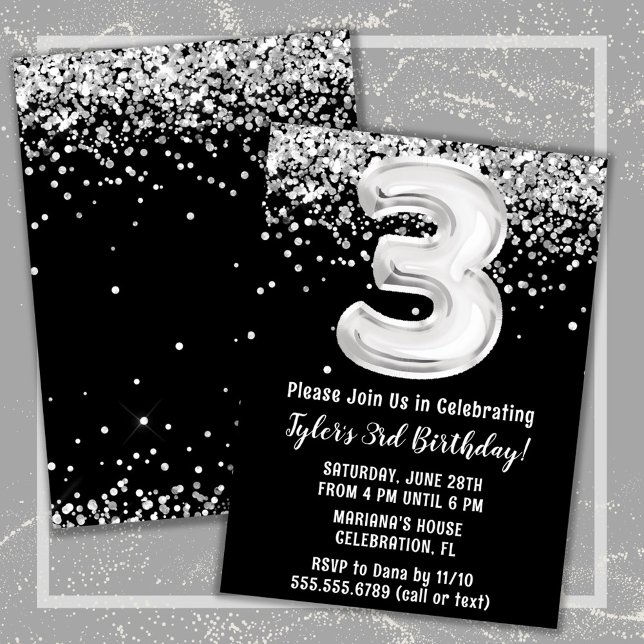 Invitation Fête d'anniversaire 3 ans noir et blanc (Créateur téléchargé)