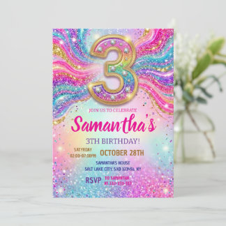 Invitation Fête d'anniversaire 3 ans Paillettes Étincelles Ar