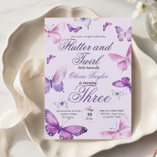 Invitation Fête d'anniversaire 3 ans papillon pour filles