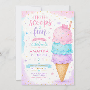 Invitation Fête d'anniversaire 3 ans Pastel Rose Trois Boules