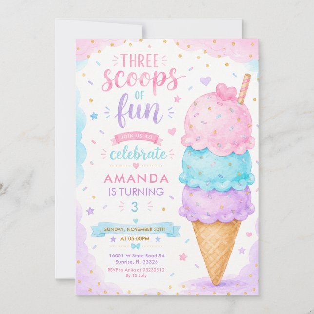 Invitation Fête d'anniversaire 3 ans Pastel Rose Trois Boules (Devant)
