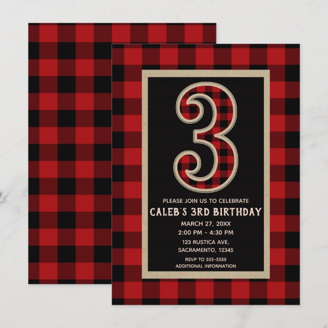 Invitation Fête d'anniversaire 3 ans plaid buffalo noir rouge (Devant / Derrière)