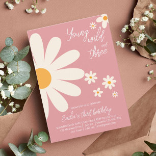 Invitation Fête d'anniversaire 3 ans Retro desert daisy rose 