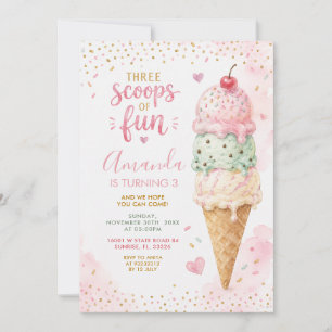 Invitation Fête d'anniversaire 3 ans Rose Vert Trois Boules d