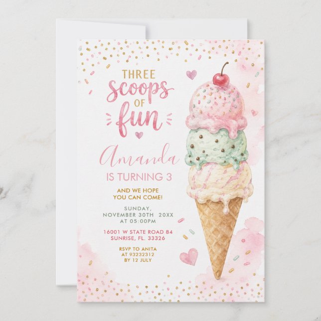 Invitation Fête d'anniversaire 3 ans Rose Vert Trois Boules d (Devant)