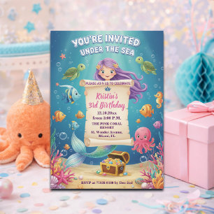 Invitation Fête d'anniversaire 3 ans Sirène sous la mer rose