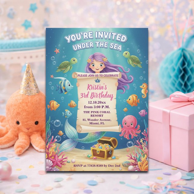 Invitation Fête d'anniversaire 3 ans Sirène sous la mer rose (Créateur téléchargé)