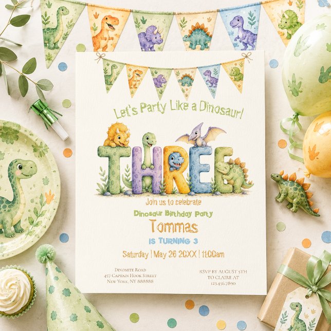 Invitation Fête d'anniversaire 3 ans sur le thème des dinosau (Créateur téléchargé)