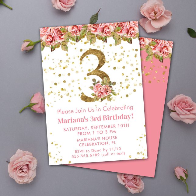 Invitation Fête d'anniversaire 3 ans thème Roses roses (Créateur téléchargé)