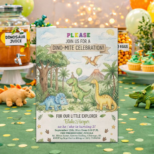 Invitation Fête d'anniversaire 3 ans Volcan Dinosaures Aquare