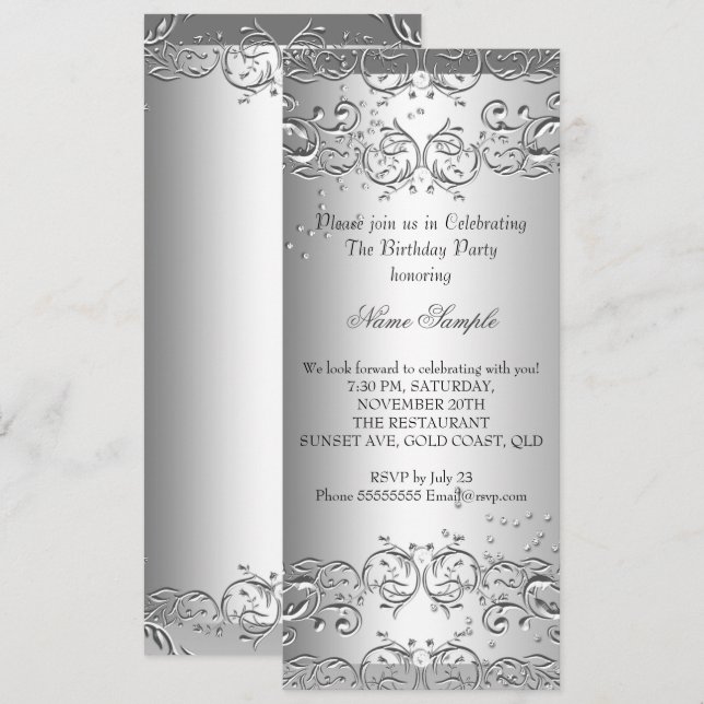 Invitation Fête d'anniversaire 3 diamants argent (Devant / Derrière)