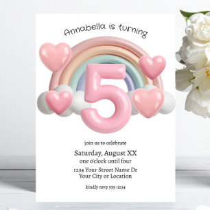Invitation Fête d'anniversaire 3D Arc-en-ciel et Cœurs 5 ans