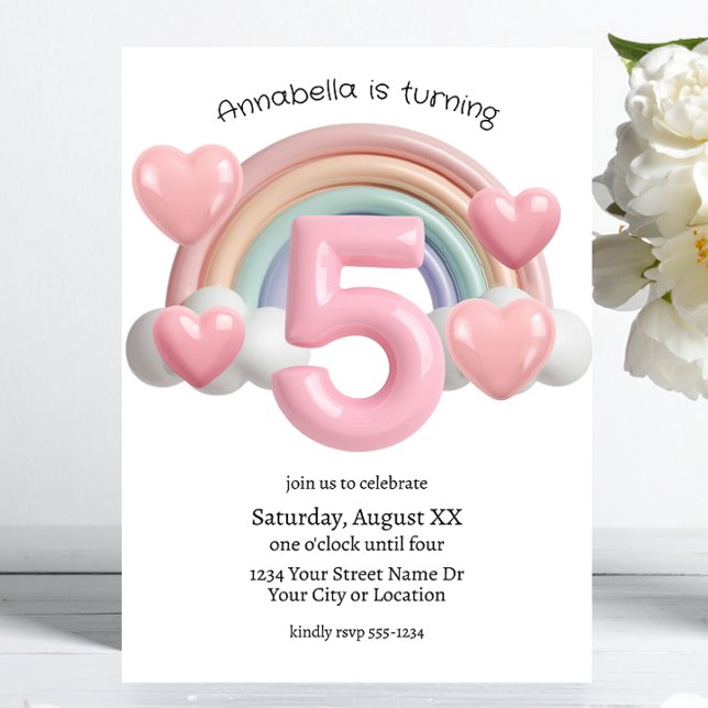 Invitation Fête d'anniversaire 3D Arc-en-ciel et Cœurs 5 ans (Créateur téléchargé)