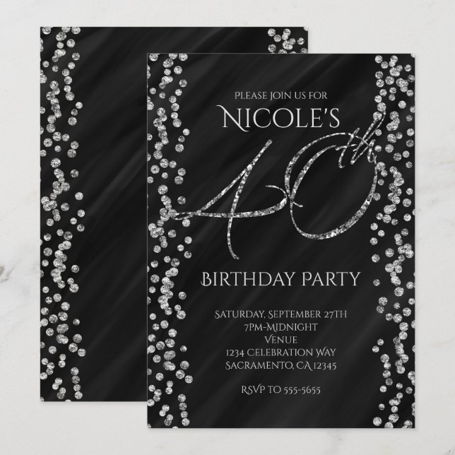 Invitation Fête d'anniversaire 40 40 ans Noir et Paillettes F (Devant / Derrière)