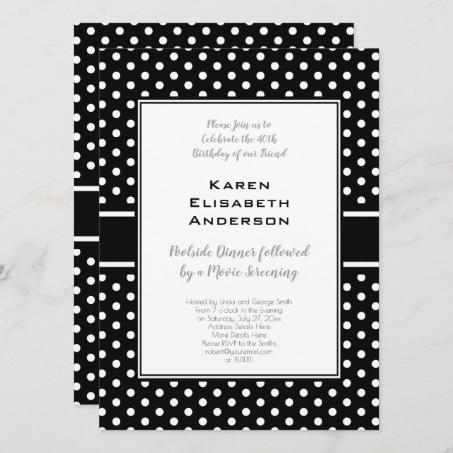 Invitation Fête d'anniversaire 40 ans à pois noirs et blancs (Devant / Derrière)