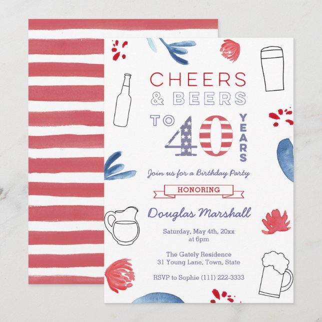 Invitation Fête d'anniversaire 40 ans, Acclamations et Bières (Devant / Derrière)