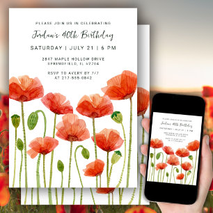 Invitation Fête d'anniversaire 40 ans Aquarelle Fleurs Coquel