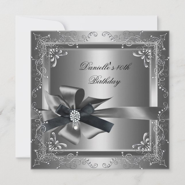 Invitation Fête d'anniversaire 40 ans Argent Noir Gris (Devant)