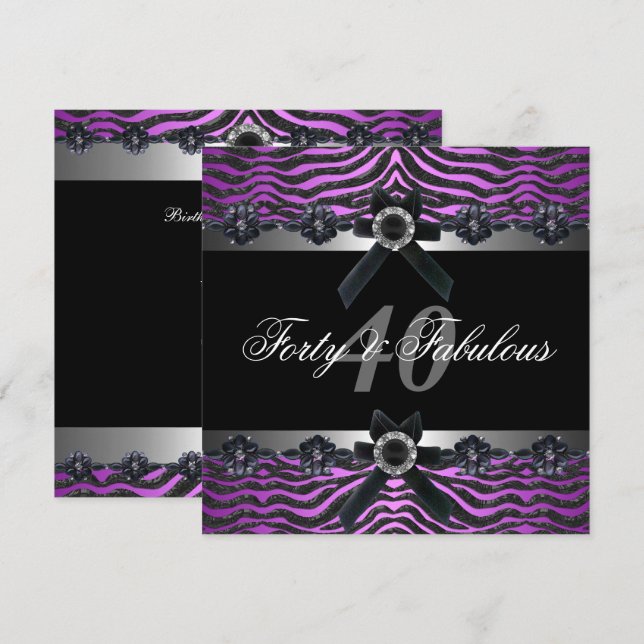Invitation Fête d'anniversaire 40 ans Argent Violet Rose Noir (Devant / Derrière)