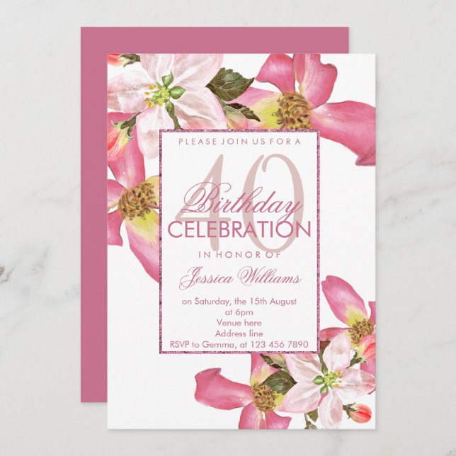 Invitation Fête d'anniversaire 40 ans aux fleurs aquarelles e (Devant / Derrière)