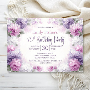 Invitation Fête d'anniversaire 40 ans aux fleurs violettes et