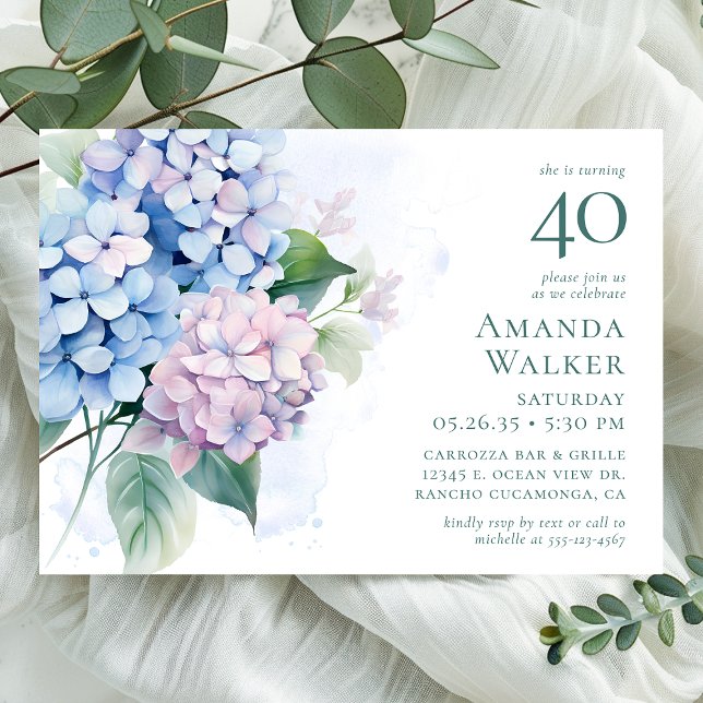Invitation Fête d'anniversaire 40 ans aux Hydrangeas Rose Ble (Créateur téléchargé)
