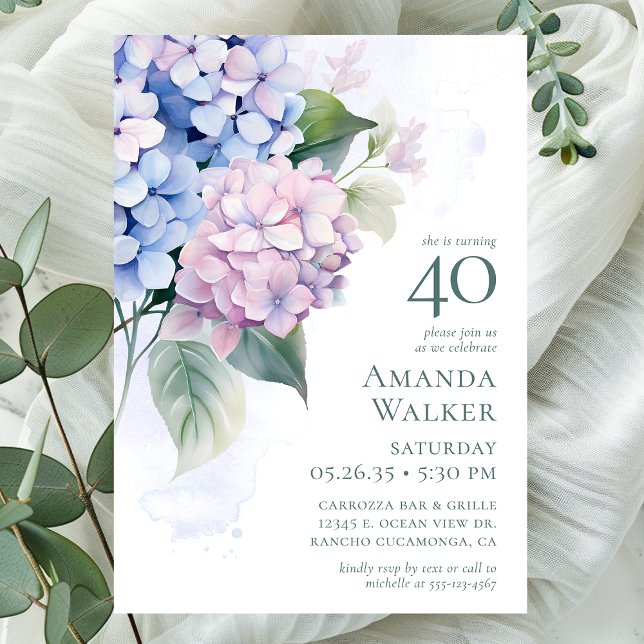Invitation Fête d'anniversaire 40 ans aux Hydrangeas Rose Ble (Créateur téléchargé)