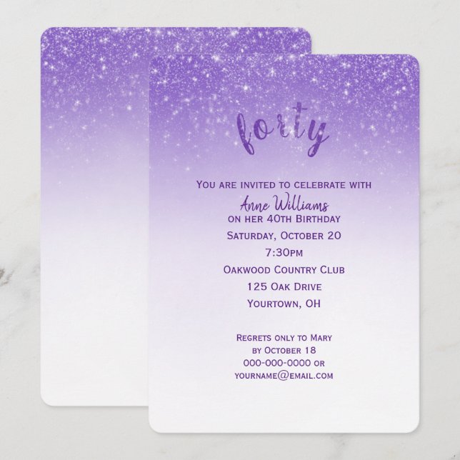 Invitation Fête d'anniversaire 40 ans avec confettis pailleté (Devant / Derrière)