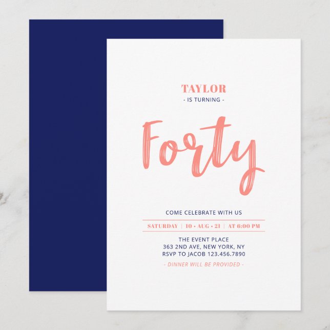 Invitation Fête d'anniversaire 40 ans avec lettrage corail et (Devant / Derrière)