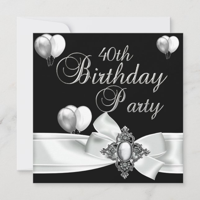 Invitation Fête d'anniversaire 40 ans Ballons noirs blancs ar (Devant)