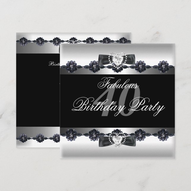 Invitation Fête d'anniversaire 40 ans Black White Fabulous 40 (Devant / Derrière)
