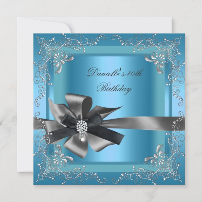 Invitation Fête d'anniversaire 40 ans Bleu Argent Noir Gris (Devant)