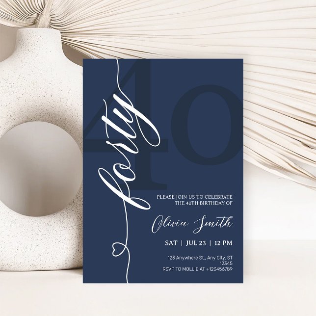 Invitation Fête d'anniversaire 40 ans Bleu Nuit et Blanc Mode (Créateur téléchargé)