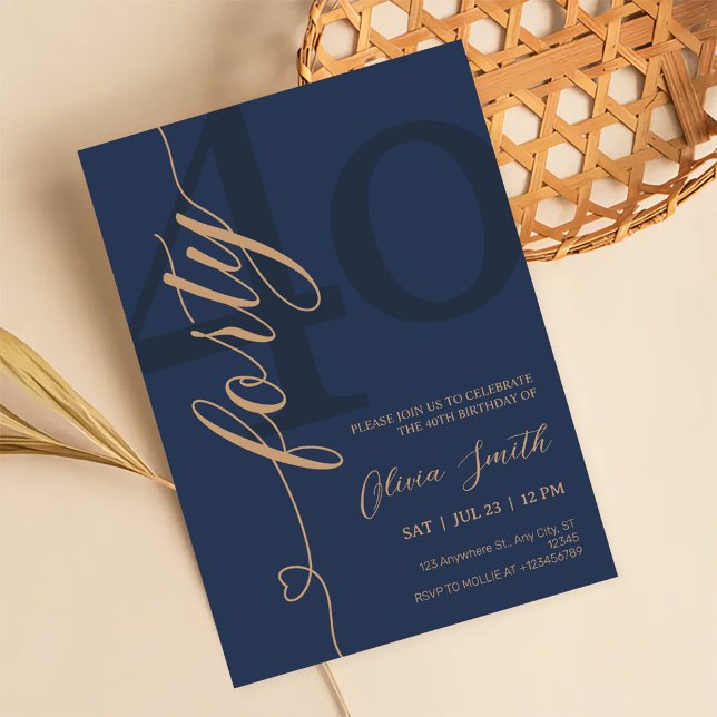 Invitation Fête d'anniversaire 40 ans Bleu Nuit & Or Moderne (Créateur téléchargé)