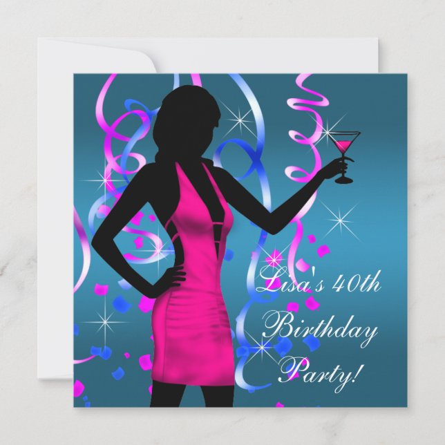 Invitation Fête d'anniversaire 40 ans Bleu sarcelle Rose vif (Devant)