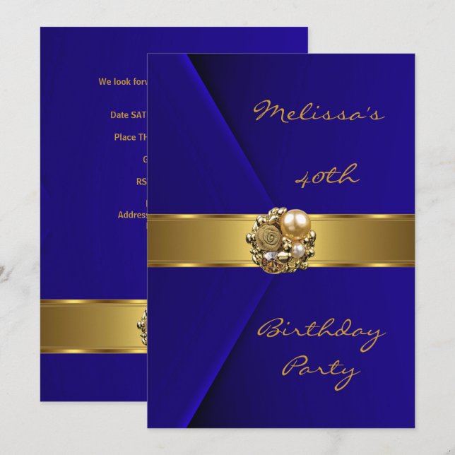Invitation Fête d'anniversaire 40 ans Blue Velvet perle joyau (Devant / Derrière)