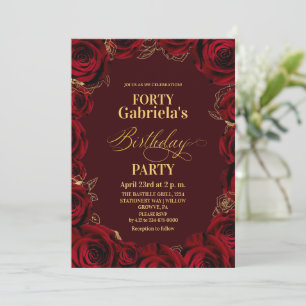 Invitation Fête d'anniversaire 40 ans Burgundy Rouge Or Flora