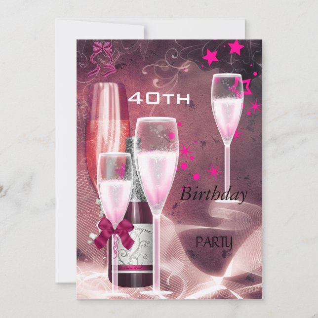 Invitation Fête d'anniversaire 40 ans Champagne rose 40 (Devant)