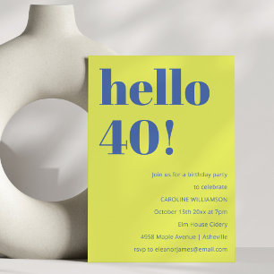 Invitation Fête d'anniversaire 40 ans Chartreuse Bleu Moderne