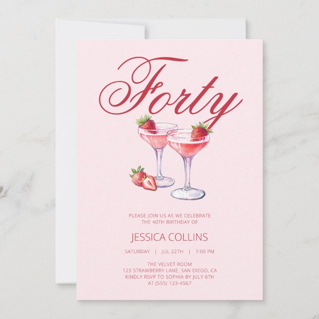 Invitation Fête d'anniversaire 40 ans Cocktail aux Fraises Ro (Devant)