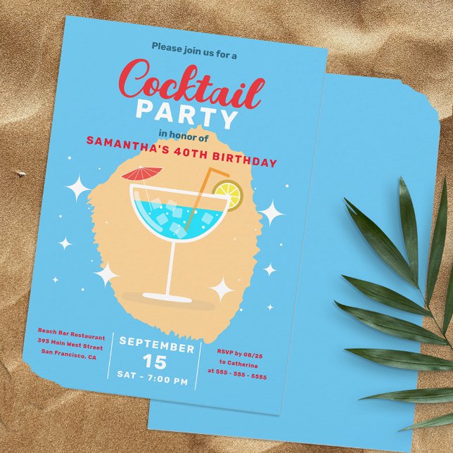Invitation Fête d'anniversaire 40 ans Cocktail Bleu Tropical (Créateur téléchargé)
