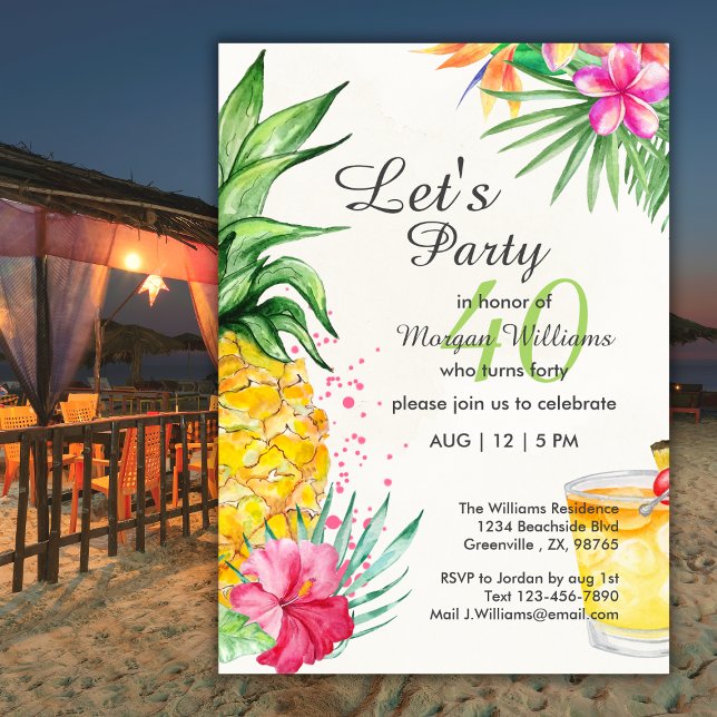 Invitation Fête d'anniversaire 40 ans Cocktail d'été tropical (Créateur téléchargé)