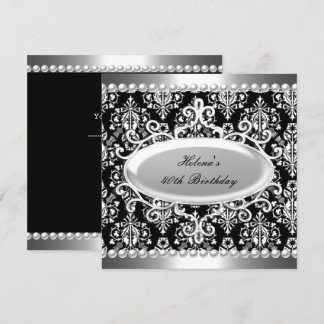 Invitation Fête d'anniversaire 40 ans Damassé Noir Blanc Perl